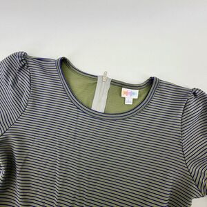 LuLaRoe Olive Navy Stripe Pleated Fit Flare‎ Zipper Dress Womens Size L